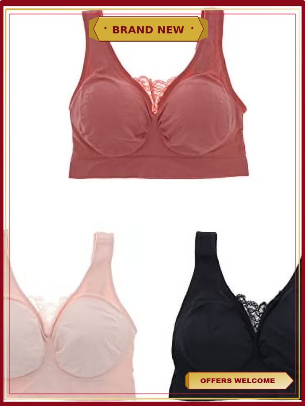 Plus Size Seamless Lace Bralette 3 Pack Removable Pads